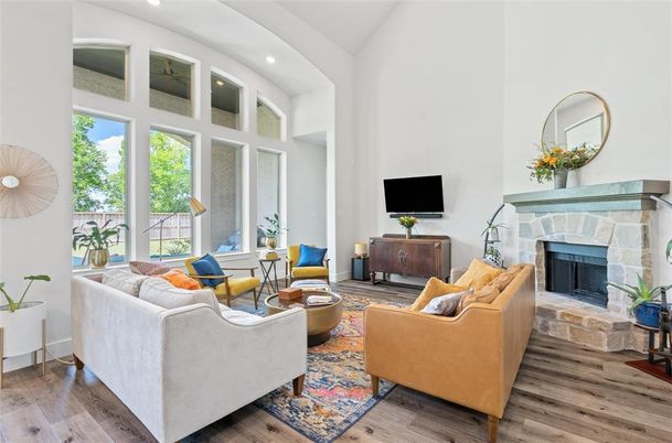 Fireplace, Interior, Living room, Recessed Lighting, Wood Texture Flooring
