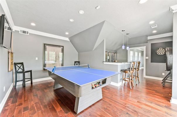 Game Room, Interior, Pendant Lights, Recessed Lighting, Wood Texture Flooring