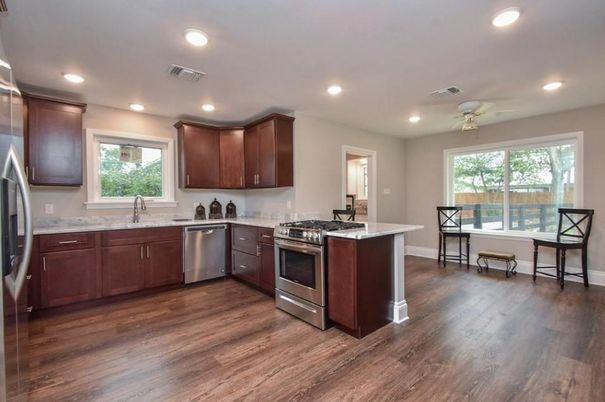Interior, Kitchen, Recessed Lighting, Stainless Steel Appliances, Wood Texture Flooring