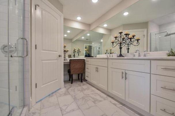 Bathroom, Dual Sink Vanities, Glass Shower, Interior, Marble, Recessed Lighting