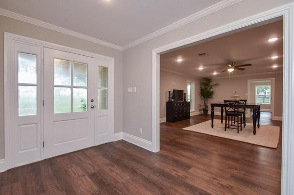 Dining room, Interior, Recessed Lighting, Wood Texture Flooring