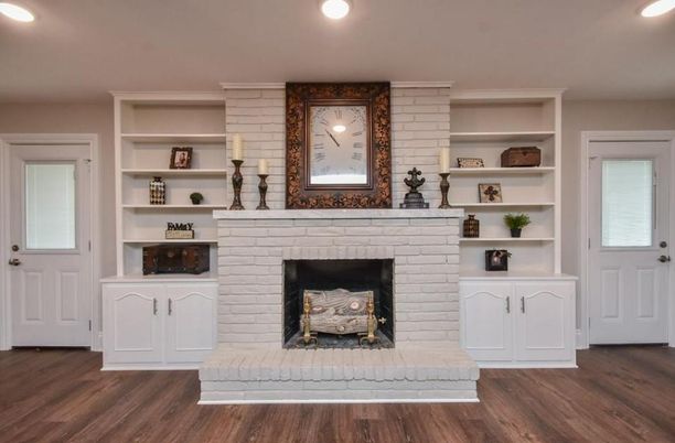 Fireplace, Interior, Recessed Lighting, Stone Walls, Wood Texture Flooring