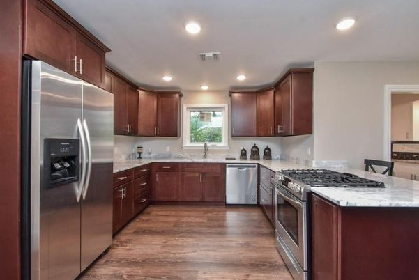 Interior, Kitchen, Recessed Lighting, Stainless Steel Appliances, Wood Texture Flooring