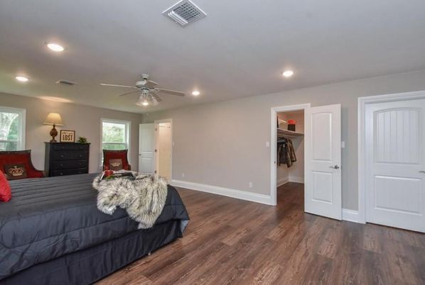 Bedroom, Interior, Recessed Lighting, Wood Texture Flooring