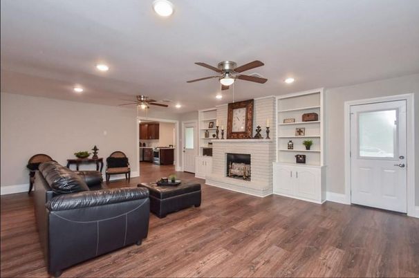Fireplace, Interior, Recessed Lighting, Stone Walls, Wood Texture Flooring