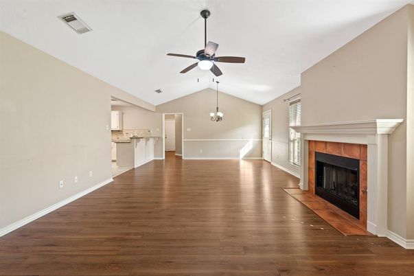 Chandelier, Empty room, Fireplace, Interior, Wood Texture Flooring