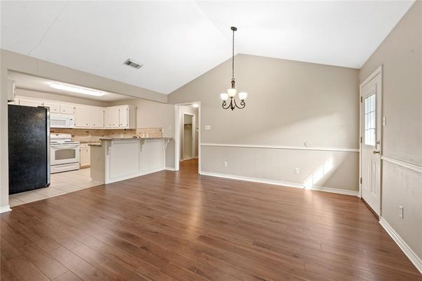 Chandelier, Empty room, Interior, Kitchen, Wood Texture Flooring