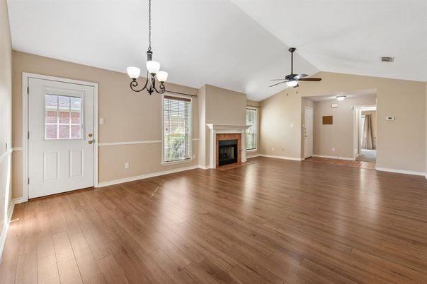 Chandelier, Empty room, Fireplace, Interior, Pendant Lights, Wood Texture Flooring