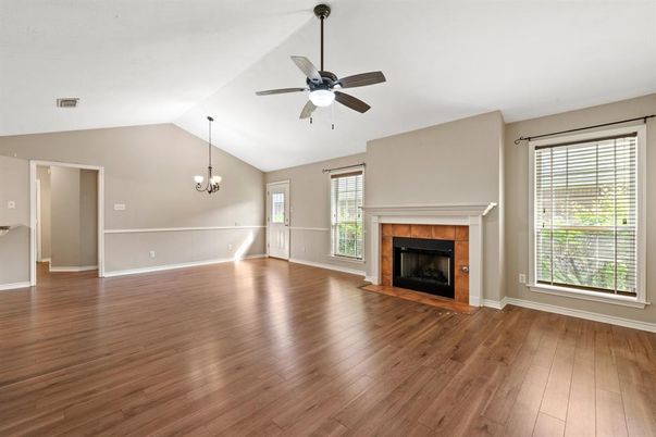 Chandelier, Empty room, Fireplace, Interior, Wood Texture Flooring