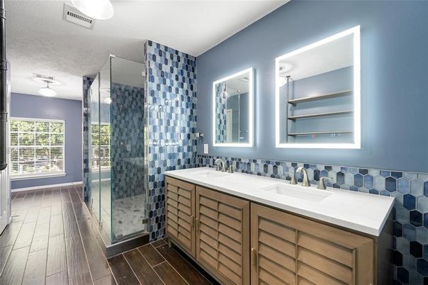 Bathroom, Dual Sink Vanities, Glass Shower, Interior, Wood Texture Flooring