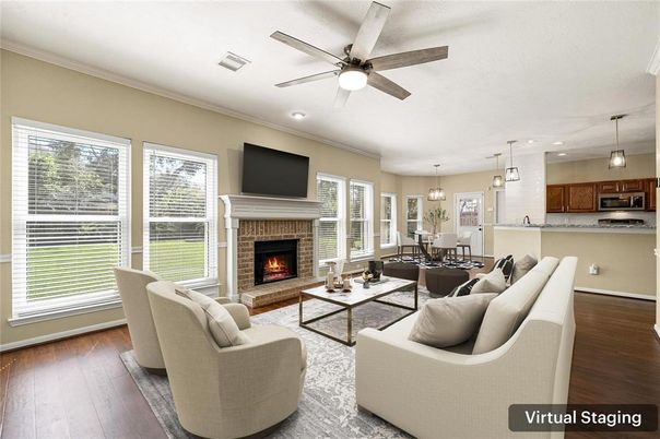 Dining room, Fireplace, Interior, Kitchen, Living room, Pendant Lights, Recessed Lighting, Wood Texture Flooring