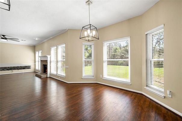 Empty room, Fireplace, Interior, Pendant Lights, Wood Texture Flooring