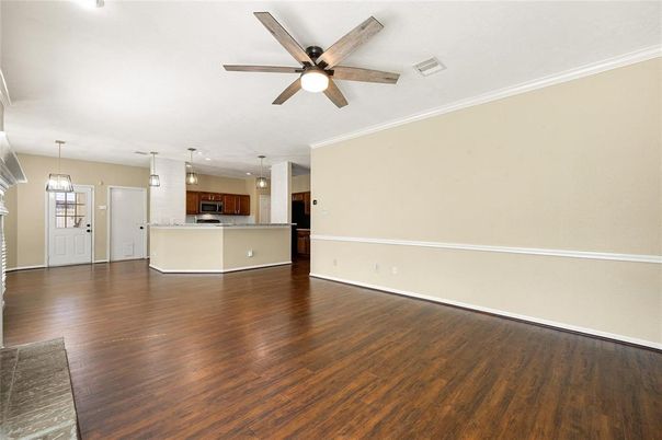 Empty room, Interior, Kitchen, Pendant Lights, Wood Texture Flooring