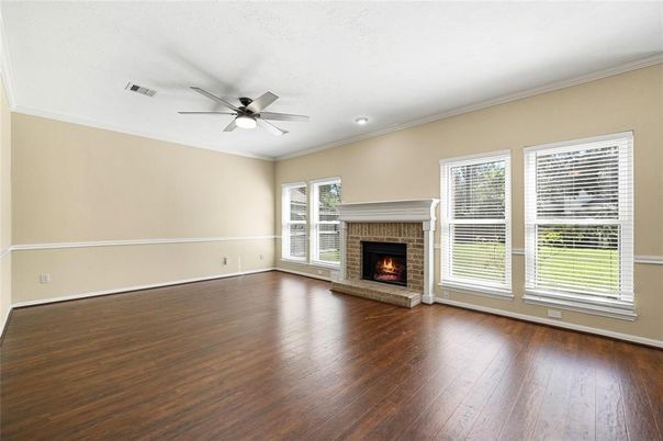 Empty room, Fireplace, Interior, Recessed Lighting, Wood Texture Flooring