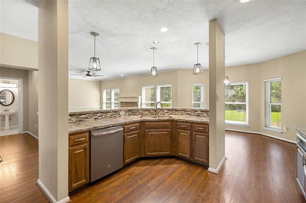 Interior, Kitchen, Pendant Lights, Recessed Lighting, Wood Texture Flooring