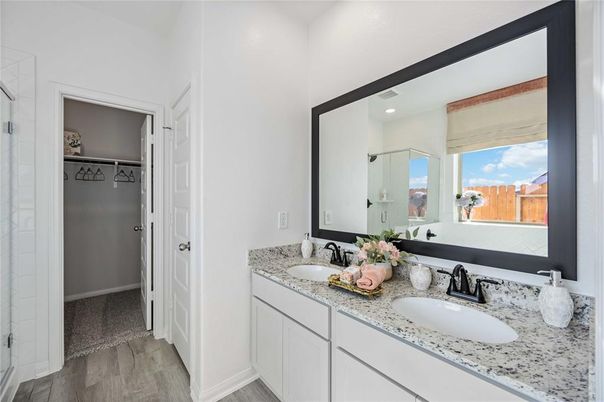 Bathroom, Dual Sink Vanities, Interior, Recessed Lighting, Wood Texture Flooring