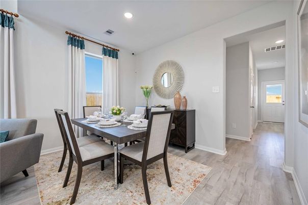 Dining room, Interior, Recessed Lighting, Wood Texture Flooring