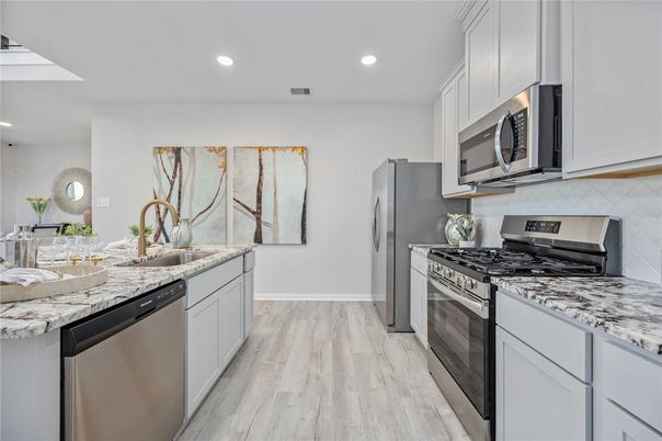 Interior, Kitchen, Recessed Lighting, Stainless Steel Appliances, Wood Texture Flooring