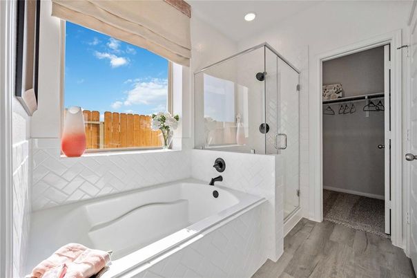 Bathroom, Glass Shower, Interior, Recessed Lighting, Wood Texture Flooring