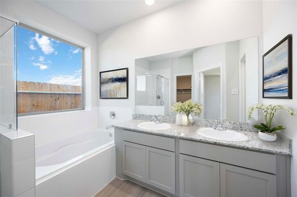 Bathroom, Dual Sink Vanities, Interior, Recessed Lighting, Wood Texture Flooring