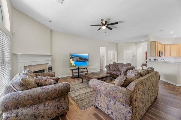 Fireplace, Interior, Living room, Recessed Lighting, Wood Texture Flooring
