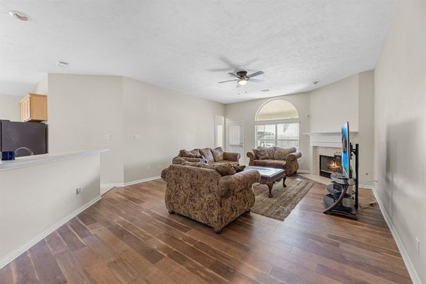 Fireplace, Interior, Living room, Recessed Lighting, Wood Texture Flooring