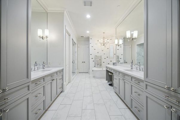 Bathroom, Chandelier, Dual Sink Vanities, Interior, Marble, Recessed Lighting