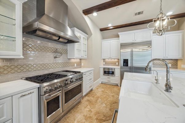 Interior, Kitchen, Pendant Lights, Recessed Lighting, Stainless Steel Appliances, Wooden Beams