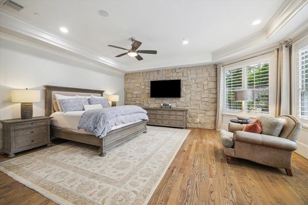 Bedroom, Interior, Recessed Lighting, Stone Walls, Wood Texture Flooring