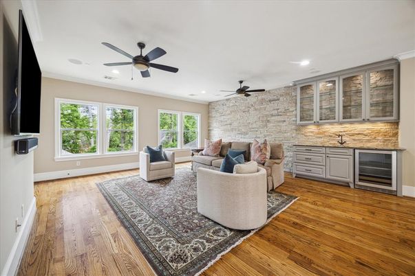 Interior, Living room, Recessed Lighting, Stone Walls, Wood Texture Flooring