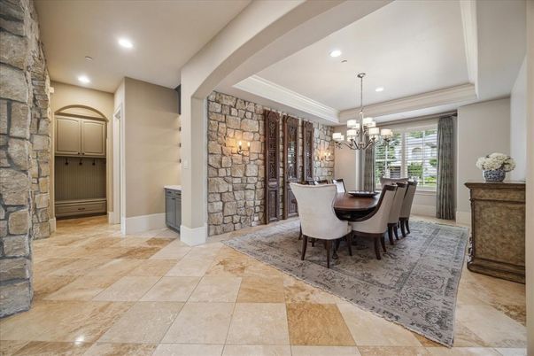 Chandelier, Dining room, Interior, Recessed Lighting, Stone Walls