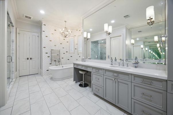 Bathroom, Chandelier, Dual Sink Vanities, Free Standing Baths, Interior, Marble, Recessed Lighting