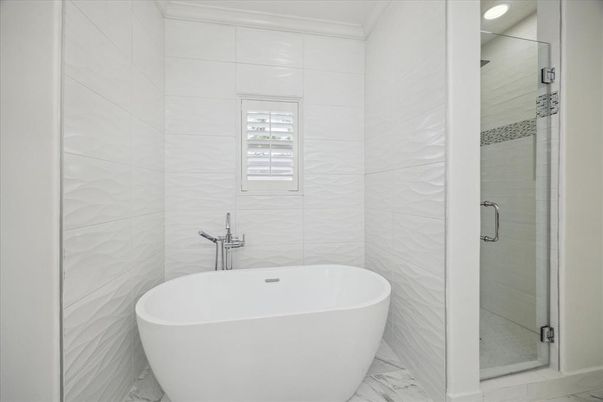 Bathroom, Free Standing Baths, Glass Shower, Interior, Marble, Marble Walls