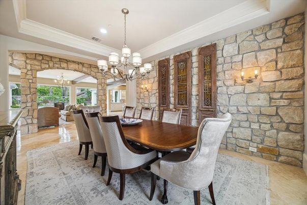 Chandelier, Dining room, Interior, Living room, Recessed Lighting, Stone Walls