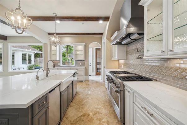 Interior, Kitchen, Pendant Lights, Recessed Lighting, Stainless Steel Appliances, Wooden Beams