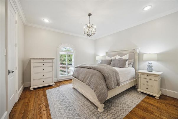 Bedroom, Chandelier, Interior, Recessed Lighting, Wood Texture Flooring