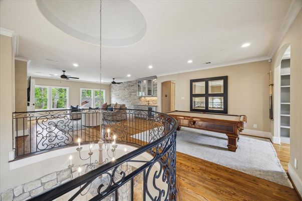 Billiard Table, Chandelier, Game Room, Interior, Pendant Lights, Recessed Lighting, Stone Walls, Wood Texture Flooring