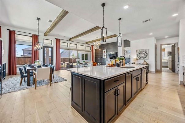 Dining room, Interior, Kitchen, Pendant Lights, Recessed Lighting, Wooden Beams, Wood Texture Flooring