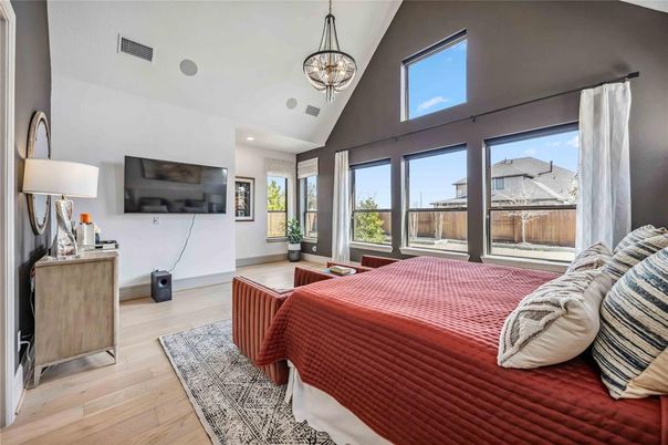 Bedroom, Interior, Pendant Lights, Recessed Lighting, Wood Texture Flooring