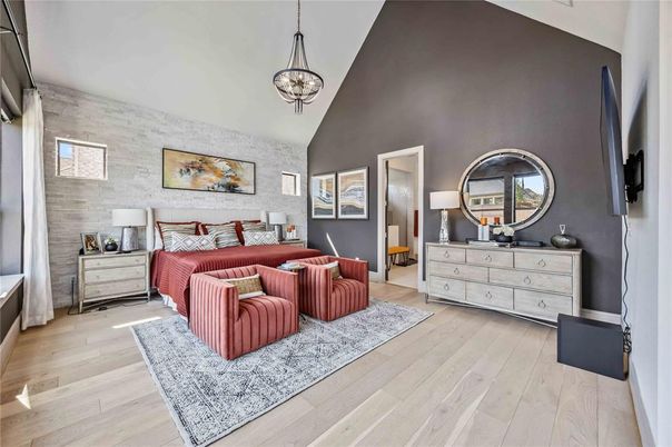 Bedroom, Interior, Pendant Lights, Wood Texture Flooring
