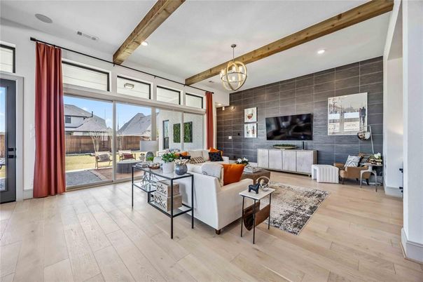 Interior, Living room, Pendant Lights, Recessed Lighting, Wooden Beams, Wood Texture Flooring