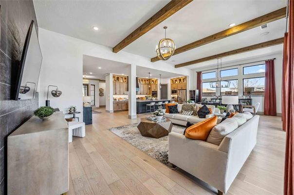Dining room, Interior, Living room, Pendant Lights, Recessed Lighting, Wooden Beams, Wood Texture Flooring