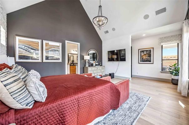 Bedroom, Interior, Pendant Lights, Recessed Lighting, Wood Texture Flooring