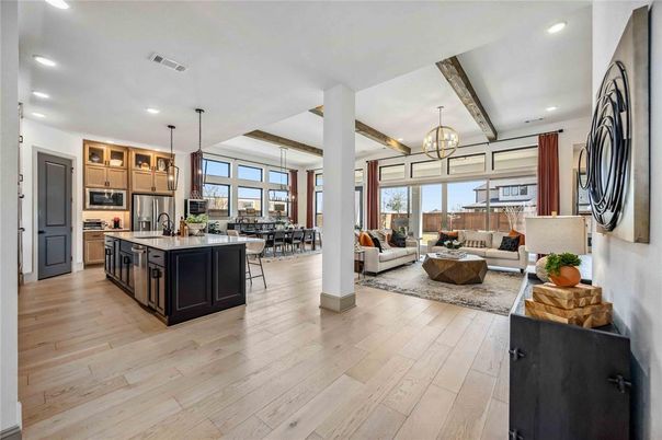 Chandelier, Dining room, Interior, Kitchen, Living room, Pendant Lights, Recessed Lighting, Stainless Steel Appliances, Wooden Beams, Wood Texture Flooring
