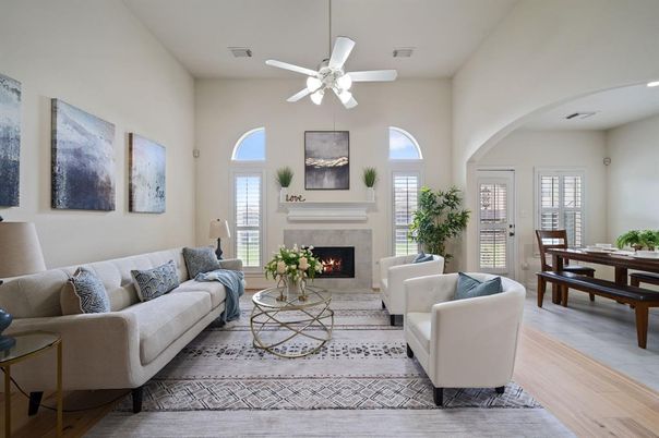 Dining room, Fireplace, Interior, Living room, Recessed Lighting, Wood Texture Flooring