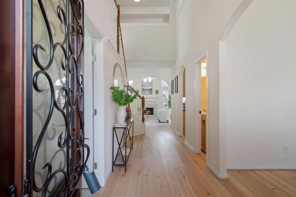 Fireplace, Interior, Pendant Lights, Recessed Lighting, Wood Texture Flooring
