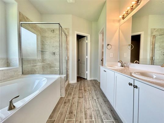 Bathroom, Dual Sink Vanities, Glass Shower, Interior, Wood Texture Flooring