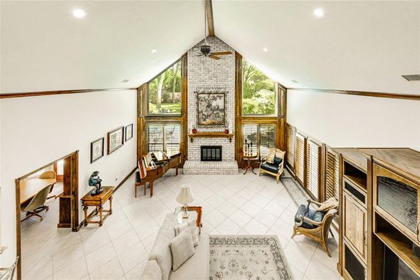 Fireplace, Interior, Living room, Recessed Lighting, Stone Walls