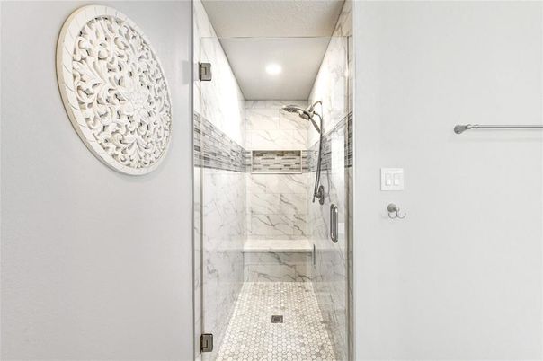 Bathroom, Glass Shower, Interior, Marble Walls, Recessed Lighting