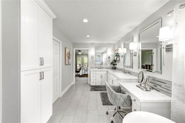 Bathroom, Dual Sink Vanities, Interior, Recessed Lighting, Wood Texture Flooring